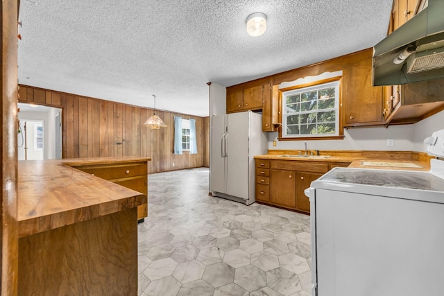 207 Short St, Clarksville, TN 37042 - kitchen with range, under cabinet range hood, freestanding refrigerator, wooden walls, and plenty of natural light