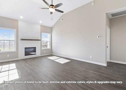 918 Vendue Ave, Clarksville, TN 37042 - unfurnished living room featuring ceiling fan, wood finished floors, a large fireplace, recessed lighting, and high vaulted ceiling