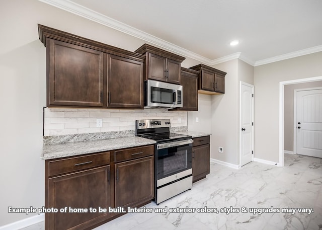 914 Vendue Ave, Clarksville, TN 37042 - kitchen featuring stainless steel appliances, ornamental molding, decorative backsplash, dark brown cabinets, and light marble finish floors
