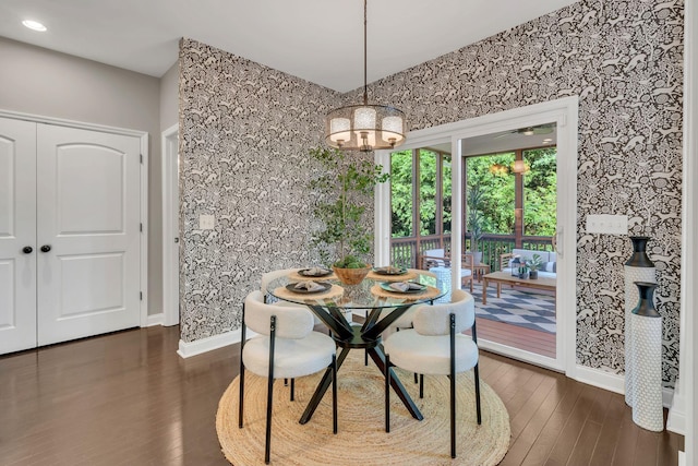 412 Warren Hill Dr, Mount Juliet, TN 37122 - dining area featuring wallpapered walls, dark wood finished floors, a chandelier, and recessed lighting