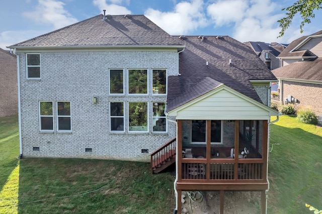 412 Warren Hill Dr, Mount Juliet, TN 37122 - rear view of house with a sunroom, crawl space, a lawn, brick siding, and a shingled roof