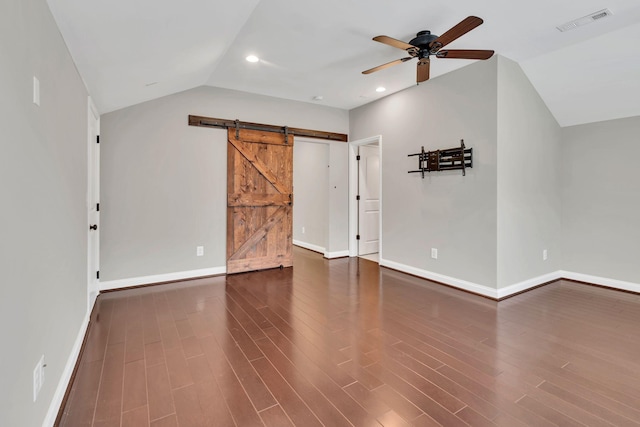 412 Warren Hill Dr, Mount Juliet, TN 37122 - unfurnished living room with a barn door, vaulted ceiling, a ceiling fan, wood finished floors, and recessed lighting