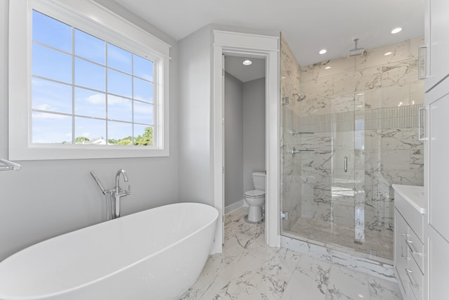 316 Campfire Ct, Winchester, TN 37398 - full bath with a marble finish shower, a freestanding bath, recessed lighting, marble finish floors, and vanity