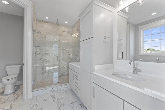 316 Campfire Ct, Winchester, TN 37398 - full bathroom featuring vanity, a marble finish shower, marble look tile flooring, and recessed lighting