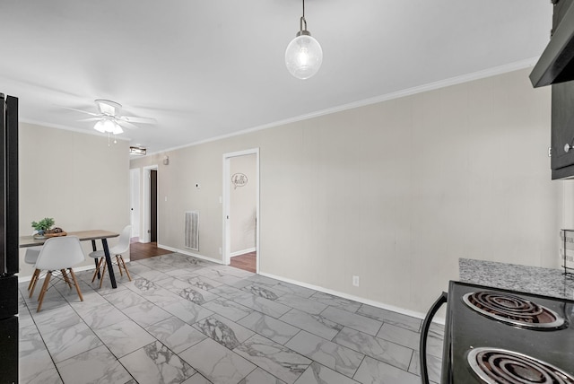 1872 River Rd, Clarksville, TN 37040 - kitchen with black appliances, light marble finish flooring, ceiling fan, and crown molding
