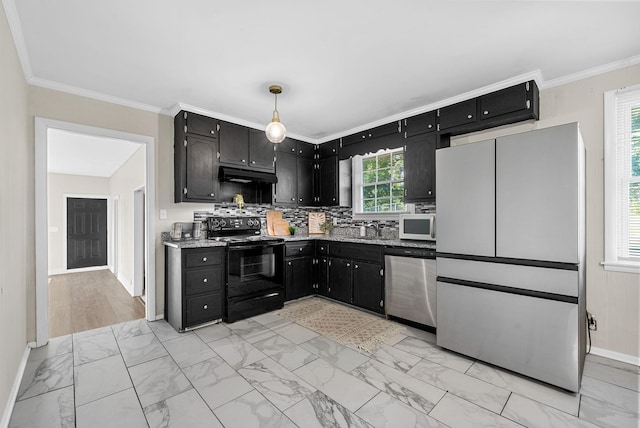 1872 River Rd, Clarksville, TN 37040 - kitchen featuring white appliances, dark cabinetry, under cabinet range hood, light marble finish flooring, and crown molding