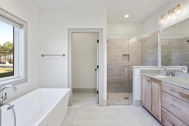 3200 Crockett Pointe, Jasper, TN 37347 - bathroom featuring a stall shower, vanity, a soaking tub, and marble finish flooring