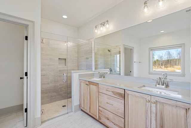 3200 Crockett Pointe, Jasper, TN 37347 - bathroom with a stall shower, double vanity, and recessed lighting