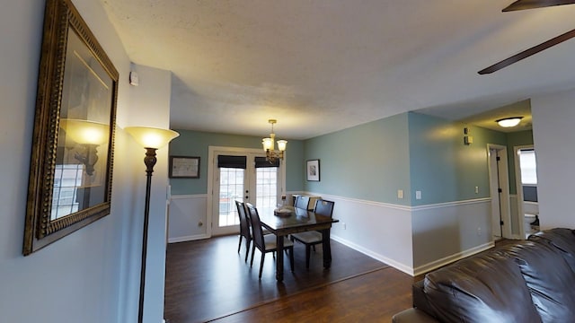 308 Eli Ct, Columbia, TN 38401 - dining area with dark wood-type flooring, a chandelier, ceiling fan, and french doors