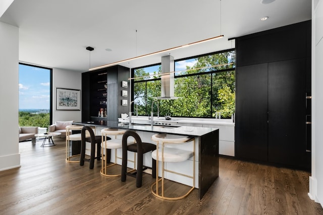 4606 Shys Hill Rd, Nashville, TN 37215 - kitchen with modern cabinets, dark cabinets, a wall of windows, a center island with sink, and dark wood-style flooring