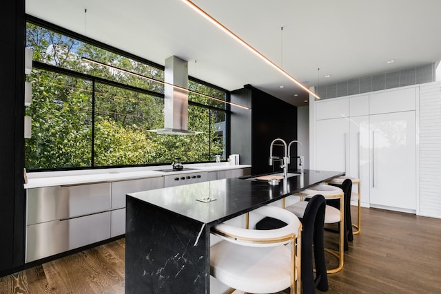 4606 Shys Hill Rd, Nashville, TN 37215 - kitchen featuring wall chimney exhaust hood, modern cabinets, dark wood-style floors, and white cabinets