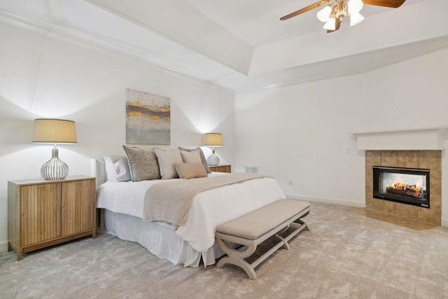 2000 Far Fara Way, Brentwood, TN 37027 - bedroom featuring carpet floors, a tiled fireplace, a raised ceiling, and ceiling fan