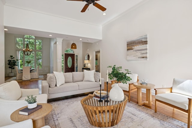 2000 Far Fara Way, Brentwood, TN 37027 - living room with wood finished floors, ornate columns, ceiling fan, recessed lighting, and ornamental molding