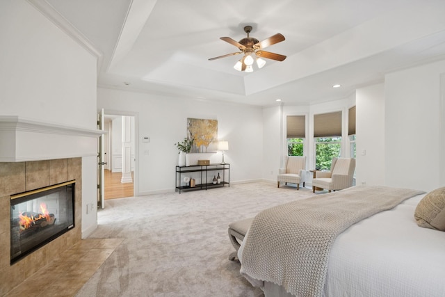 2000 Far Fara Way, Brentwood, TN 37027 - bedroom featuring a tray ceiling, carpet floors, a tiled fireplace, recessed lighting, and a ceiling fan
