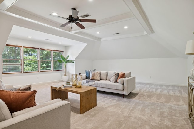 2000 Far Fara Way, Brentwood, TN 37027 - living area with light carpet, ornamental molding, recessed lighting, ceiling fan, and beam ceiling
