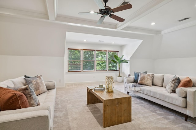 2000 Far Fara Way, Brentwood, TN 37027 - living room featuring beamed ceiling, light colored carpet, recessed lighting, ceiling fan, and coffered ceiling