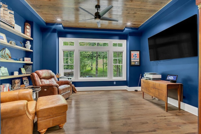 3120 Boxley View Ln, Franklin, TN 37064 - sitting room featuring wooden ceiling, healthy amount of natural light, ceiling fan, wood finished floors, and built in features