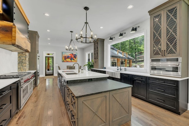 3120 Boxley View Ln, Franklin, TN 37064 - kitchen featuring stainless steel appliances, a kitchen island with sink, a chandelier, light wood-style floors, and recessed lighting