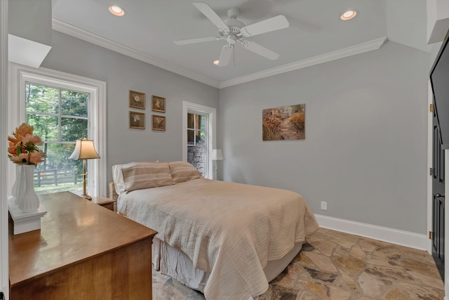 3120 Boxley View Ln, Franklin, TN 37064 - bedroom with recessed lighting, light stone finish flooring, ornamental molding, and a ceiling fan