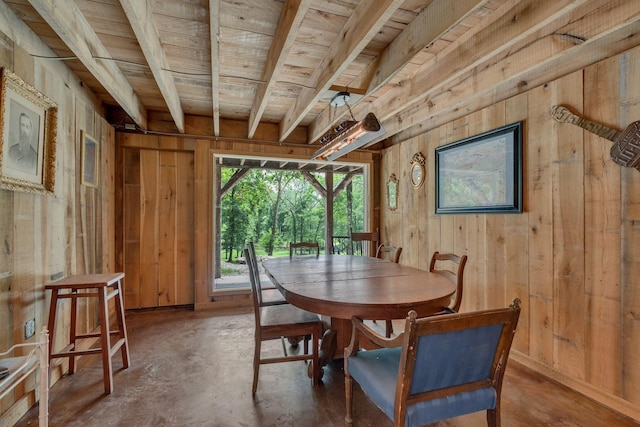 3120 Boxley View Ln, Franklin, TN 37064 - dining room featuring wooden walls, concrete flooring, and wood ceiling