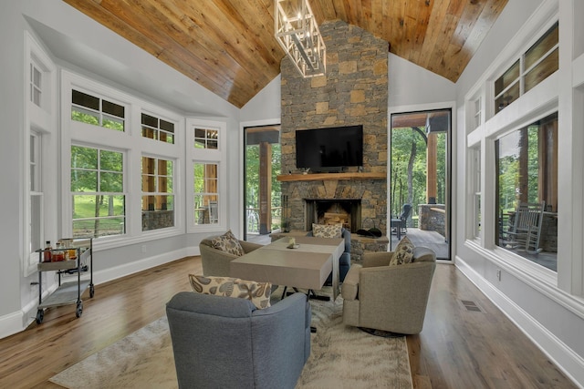 3120 Boxley View Ln, Franklin, TN 37064 - living area with wood ceiling, healthy amount of natural light, a fireplace, wood finished floors, and a chandelier