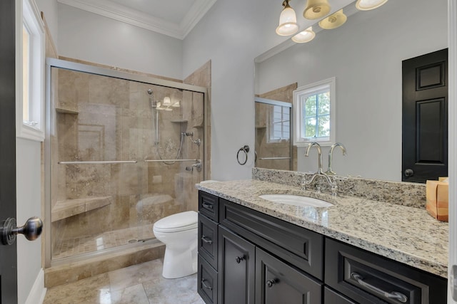 3120 Boxley View Ln, Franklin, TN 37064 - bathroom with vanity, crown molding, and a shower stall