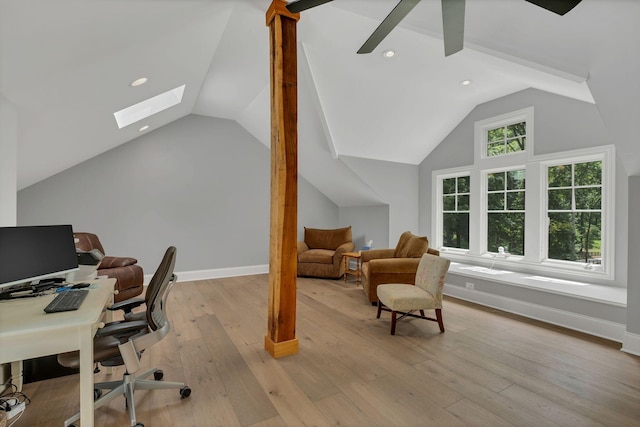 3120 Boxley View Ln, Franklin, TN 37064 - home office featuring lofted ceiling, a skylight, light wood-style flooring, ceiling fan, and recessed lighting