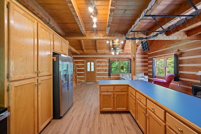 3000 Preston Bagwell Rd, Clarksville, TN 37043 - kitchen with stainless steel fridge, wooden ceiling, rail lighting, light wood-style floors, and plenty of natural light