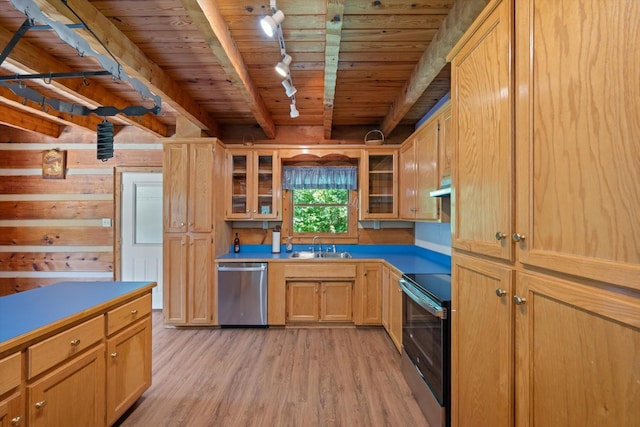 3000 Preston Bagwell Rd, Clarksville, TN 37043 - kitchen featuring stainless steel appliances, rail lighting, light wood-style flooring, a wooden ceiling with exposed beams, and under cabinet range hood