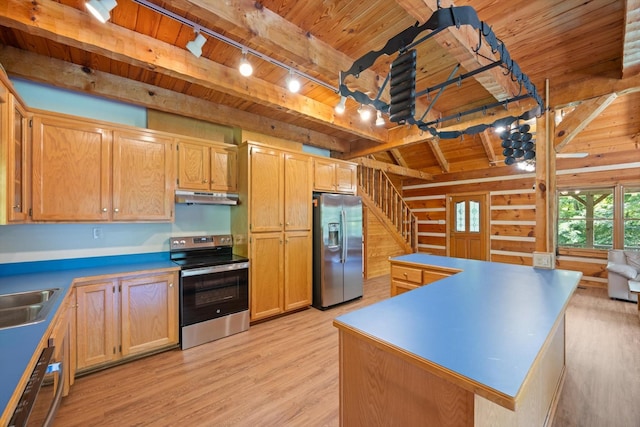 3000 Preston Bagwell Rd, Clarksville, TN 37043 - kitchen featuring appliances with stainless steel finishes, a wooden ceiling with exposed beams, under cabinet range hood, track lighting, and light wood-style flooring