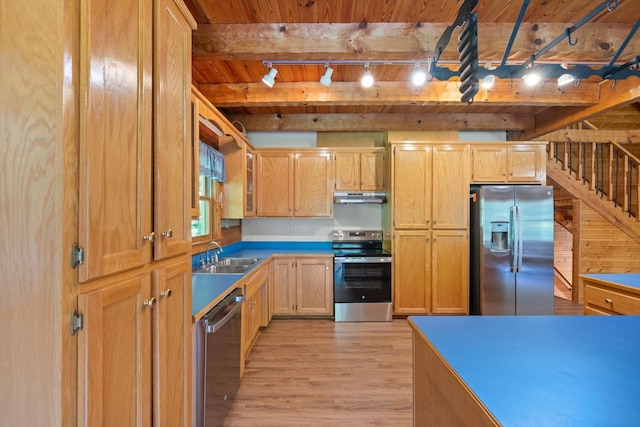 3000 Preston Bagwell Rd, Clarksville, TN 37043 - kitchen with stainless steel appliances, a wooden ceiling with exposed beams, under cabinet range hood, light wood finished floors, and track lighting