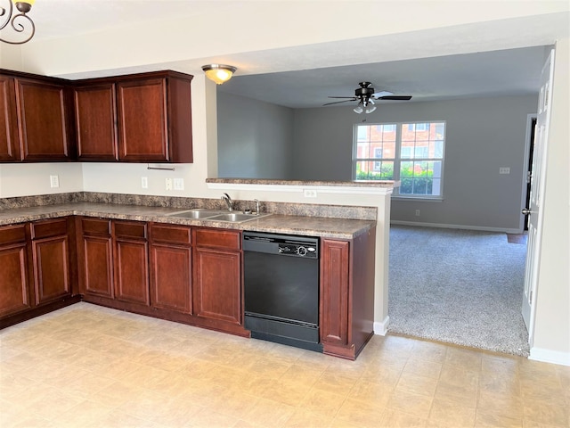 3754 Chippewa Pl, Murfreesboro, TN 37128 - kitchen with dishwasher, a ceiling fan, a peninsula, light colored carpet, and dark countertops