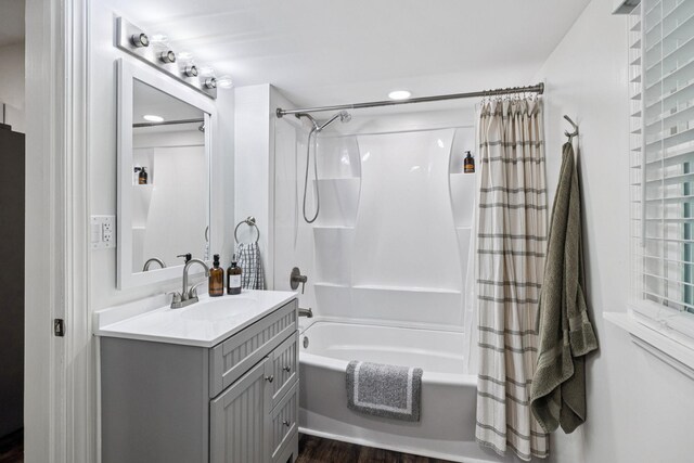 819 Woodside St, Columbia, TN 38401 - full bathroom with shower / bath combo, vanity, wood finished floors, and recessed lighting