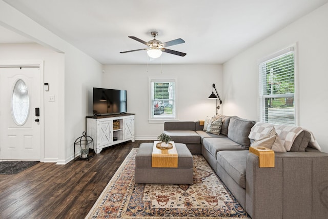 819 Woodside St, Columbia, TN 38401 - living room with dark wood finished floors and a ceiling fan
