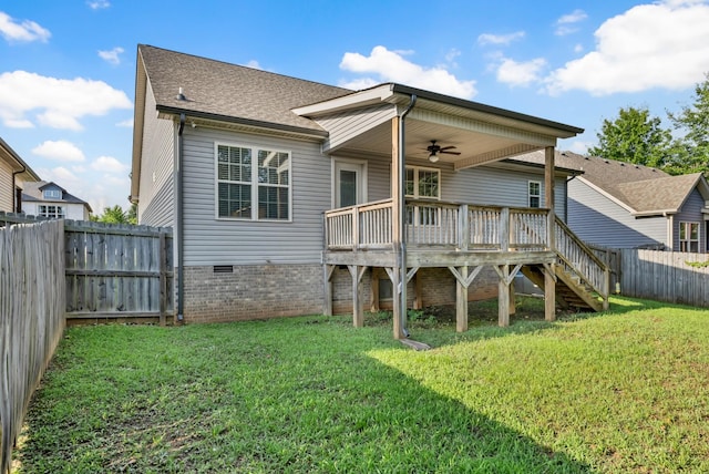 626 Snowshoe Ln, Clarksville, TN 37040 - back of property with ceiling fan, a fenced backyard, a wooden deck, a shingled roof, and stairs