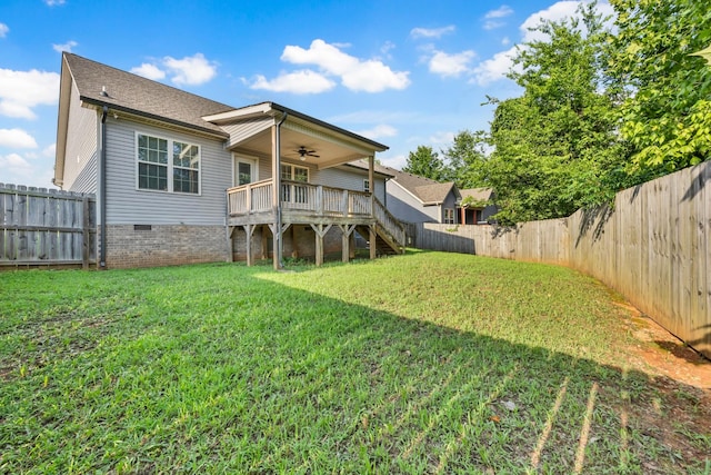 626 Snowshoe Ln, Clarksville, TN 37040 - rear view of property with ceiling fan, stairway, a fenced backyard, a deck, and crawl space