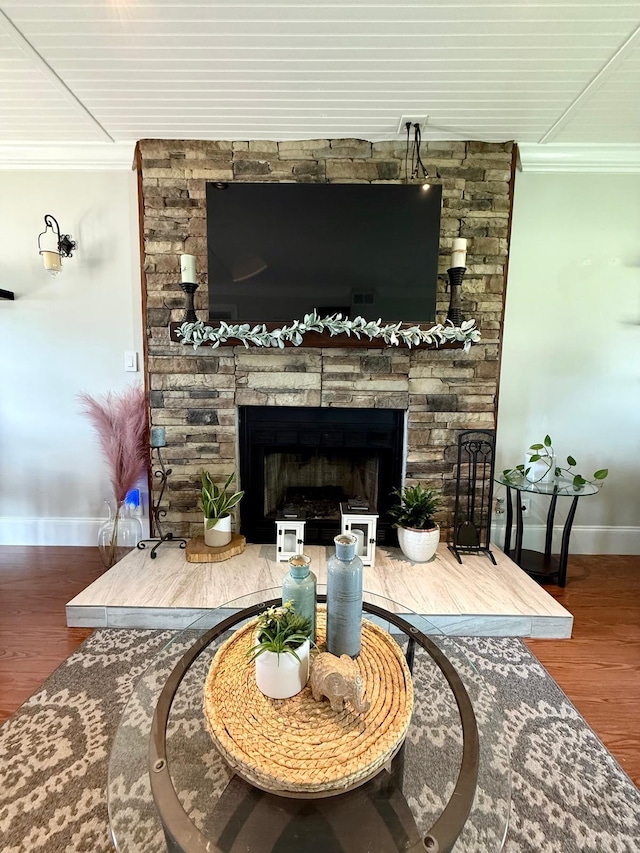 231 Overlook Pl, Columbia, TN 38401 - detailed view of ornamental molding, a stone fireplace, and wood finished floors