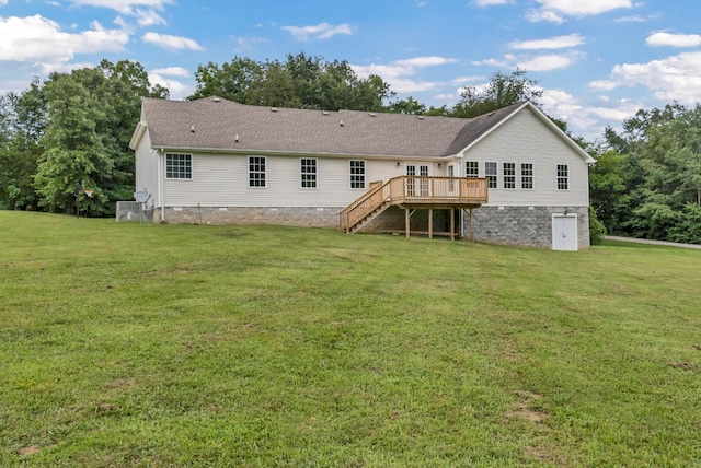 3190 Marthas Chapel Rd, Cunningham, TN 37052 - back of house with stairs, a wooden deck, a yard, and roof with shingles