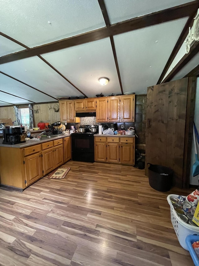 3406 Lowes Gap Rd, Pikeville, TN 37367 - kitchen featuring black range with electric stovetop, under cabinet range hood, light wood-style floors, a peninsula, and lofted ceiling