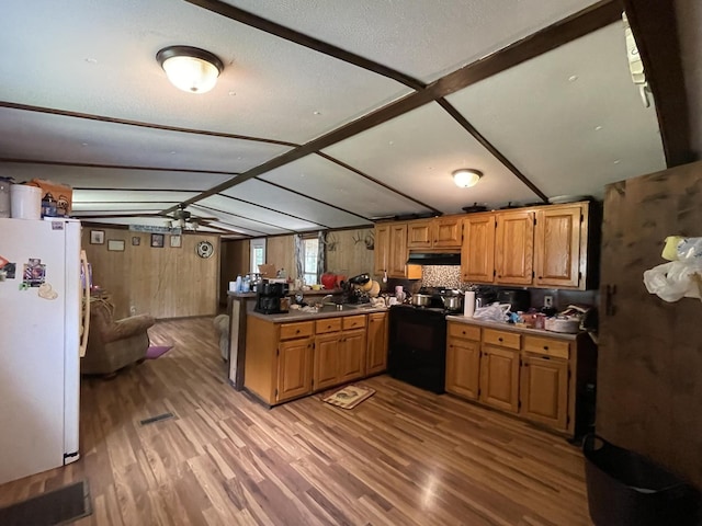 3406 Lowes Gap Rd, Pikeville, TN 37367 - kitchen with black range with electric cooktop, freestanding refrigerator, under cabinet range hood, a peninsula, and lofted ceiling