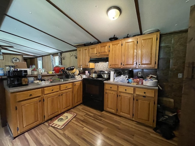 3406 Lowes Gap Rd, Pikeville, TN 37367 - kitchen with black electric range, under cabinet range hood, light wood-style flooring, light countertops, and a peninsula