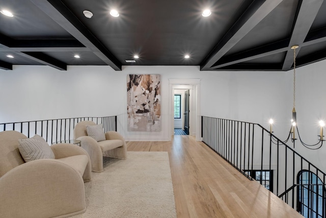1050 Garton Rd, Burns, TN 37029 - living area with beamed ceiling, wood finished floors, a chandelier, and recessed lighting