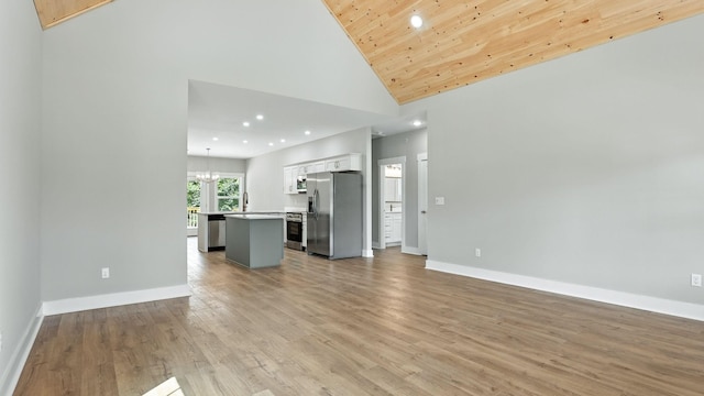 570 Main St S, Ashland City, TN 37015 - unfurnished living room featuring high vaulted ceiling, recessed lighting, light wood finished floors, and wood ceiling