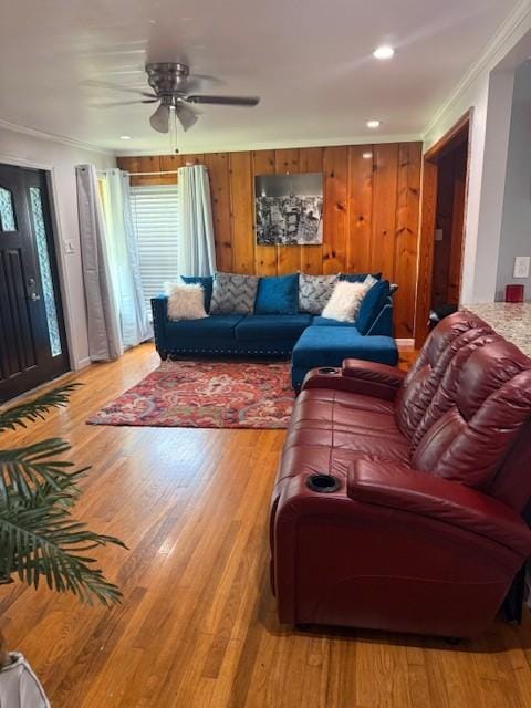 102 Thorogood St, Cowan, TN 37318 - living area with crown molding, a ceiling fan, wood finished floors, and recessed lighting