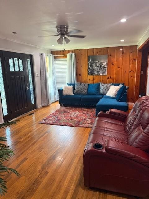 102 Thorogood St, Cowan, TN 37318 - living room with ornamental molding, ceiling fan, wood finished floors, and recessed lighting