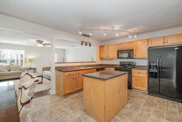 4817 Laura Jeanne Blvd, Murfreesboro, TN 37129 - kitchen with black appliances, dark countertops, open floor plan, a textured ceiling, and light brown cabinets