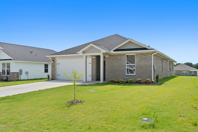 15 Aurora Cir, Fayetteville, TN 37334 - ranch-style house with an attached garage, brick siding, concrete driveway, and a front lawn