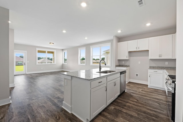 15 Aurora Cir, Fayetteville, TN 37334 - kitchen with appliances with stainless steel finishes, dark wood-type flooring, white cabinets, light stone counters, and recessed lighting