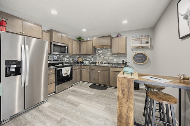 332 Riddle Ln, Estill Springs, TN 37330 - kitchen featuring appliances with stainless steel finishes, light wood finished floors, dark countertops, backsplash, and recessed lighting