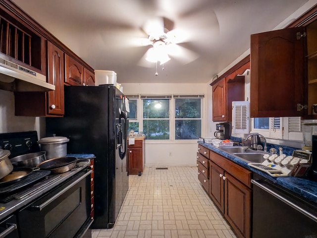 204 Fisher Ave, Carthage, TN 37030 - kitchen featuring black appliances, a ceiling fan, brick patterned floors, and under cabinet range hood